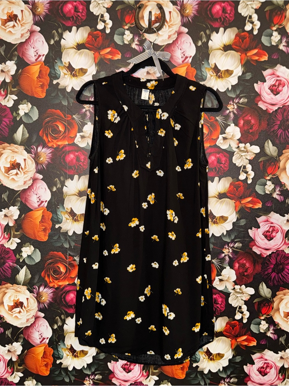 Old Navy Black Midi Dress with Yellow and White Floral Print, Petite Medium